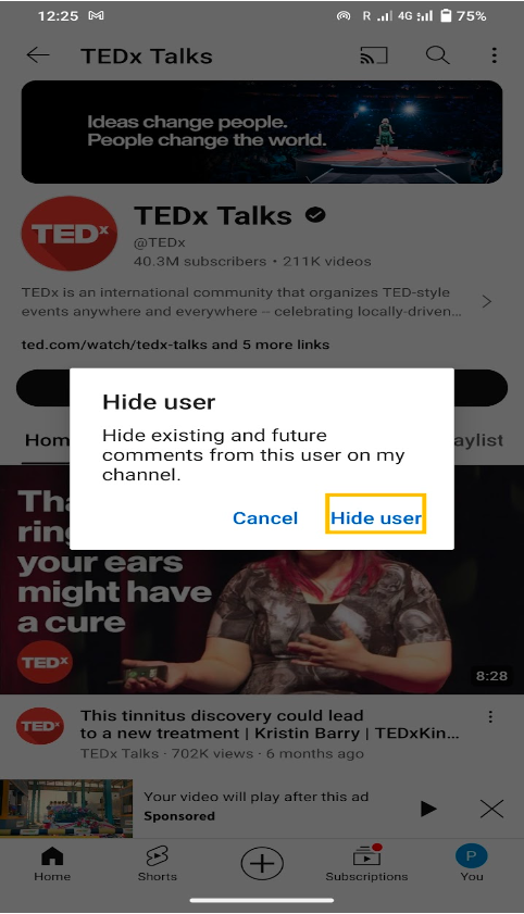 Confirm ‘Hide user’