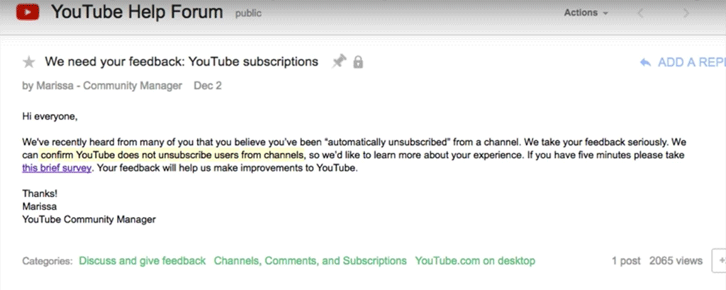 Youtube Response to Auto Unsubscribe Bug