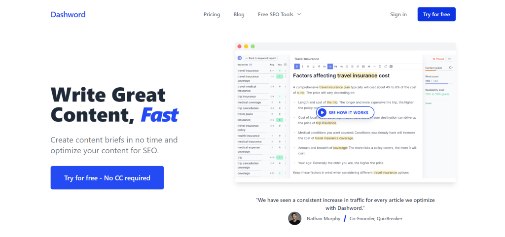 Dashword Overview - Surfer SEO Alternatives