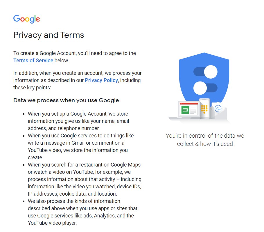 Privacy and terms  - How To Setup A Gmail Account